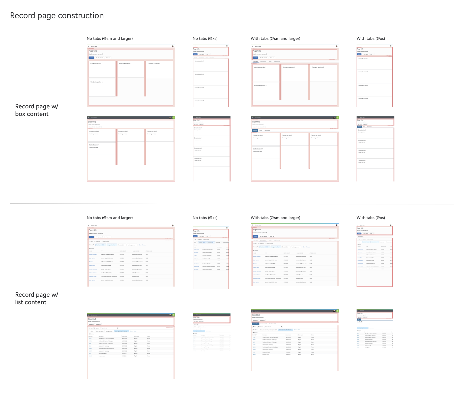 Proposed standardized specifications for the record page layout in the SKY UX design system.
